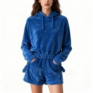 Womens 2pc Blue Velvet Kitty Cat Sweatshirt Shorts Pajama Set w/Whisker Bottoms